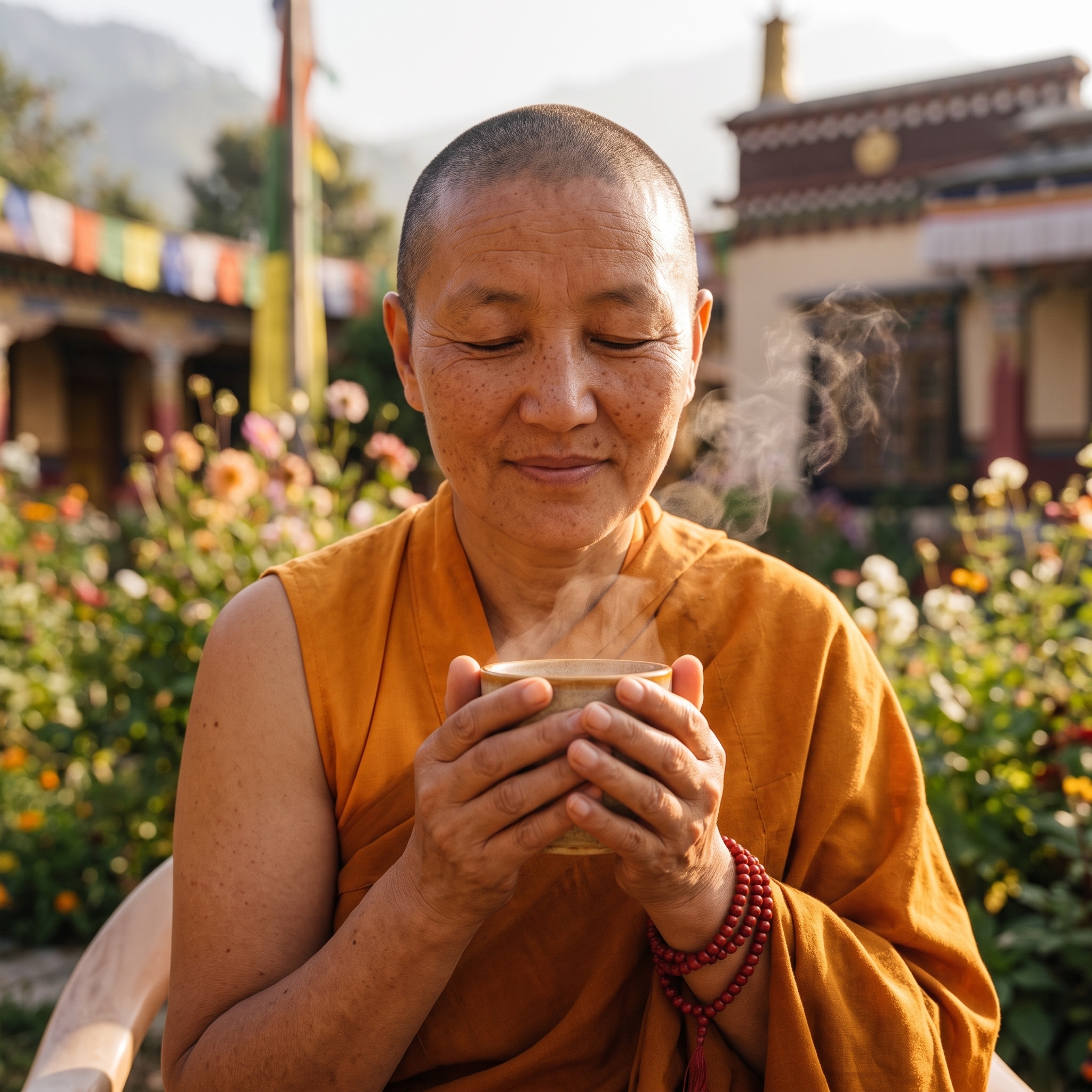 Pema savourant une tasse de thé
